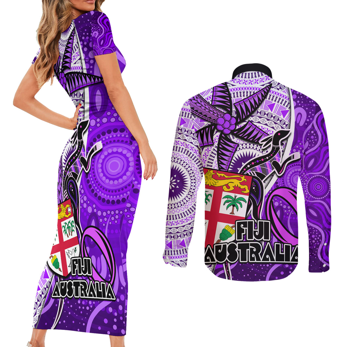 fiji-australia-rugby-couples-matching-short-sleeve-bodycon-dress-and-long-sleeve-button-shirts-kangaroo-and-palm-tree-purple-tapa-pattern-mix-aboriginal