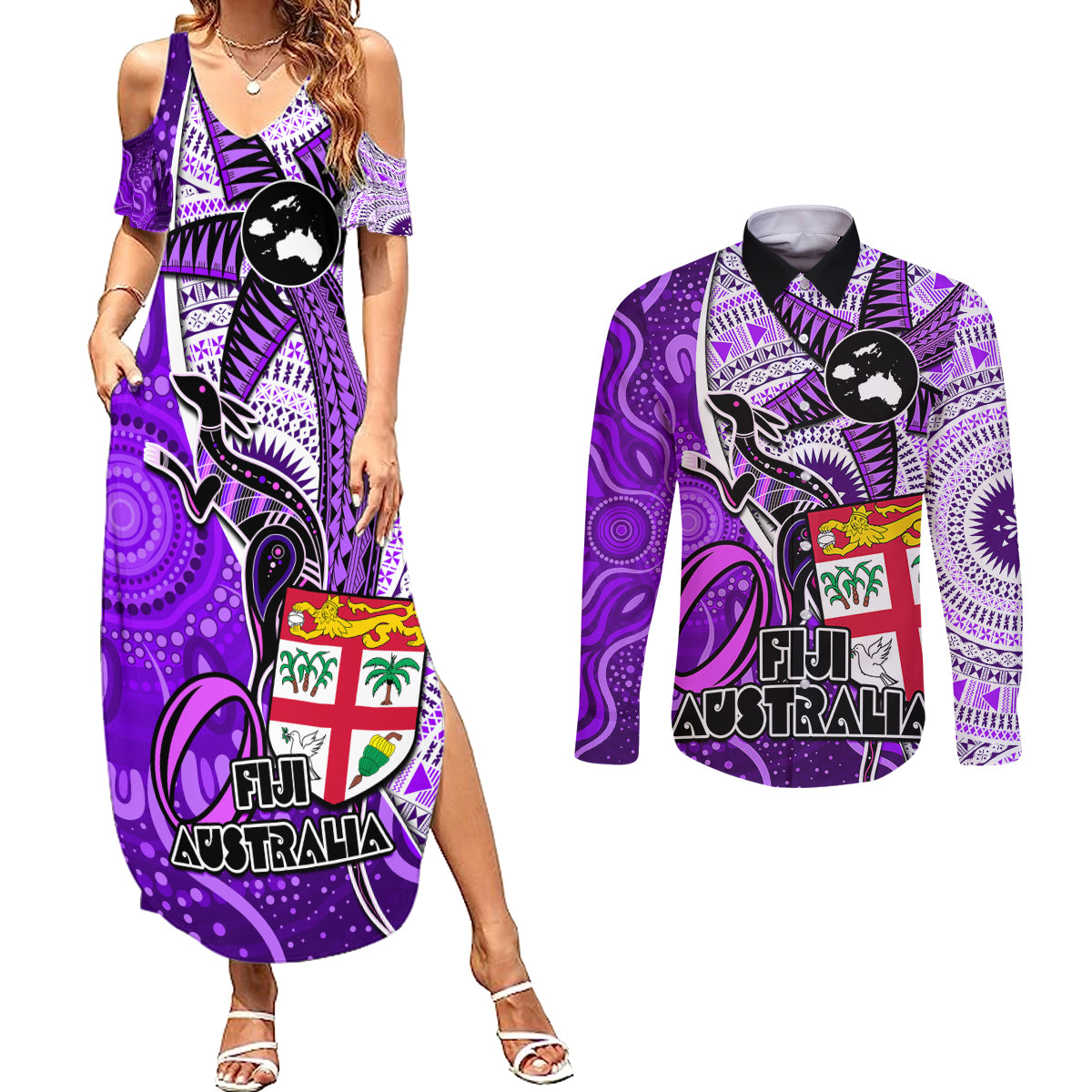 fiji-australia-rugby-couples-matching-summer-maxi-dress-and-long-sleeve-button-shirts-kangaroo-and-palm-tree-purple-tapa-pattern-mix-aboriginal