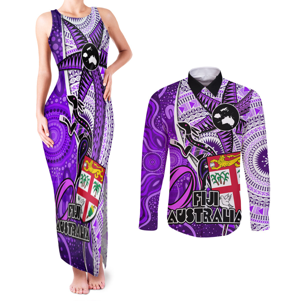 fiji-australia-rugby-couples-matching-tank-maxi-dress-and-long-sleeve-button-shirts-kangaroo-and-palm-tree-purple-tapa-pattern-mix-aboriginal
