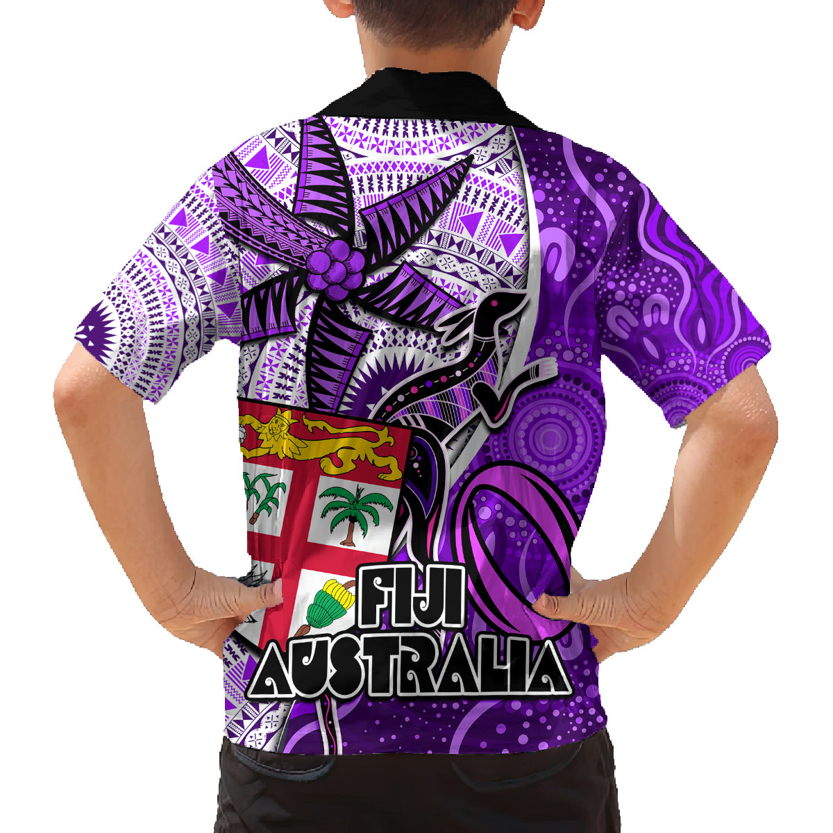 fiji-australia-rugby-family-matching-off-shoulder-maxi-dress-and-hawaiian-shirt-kangaroo-and-palm-tree-purple-tapa-pattern-mix-aboriginal