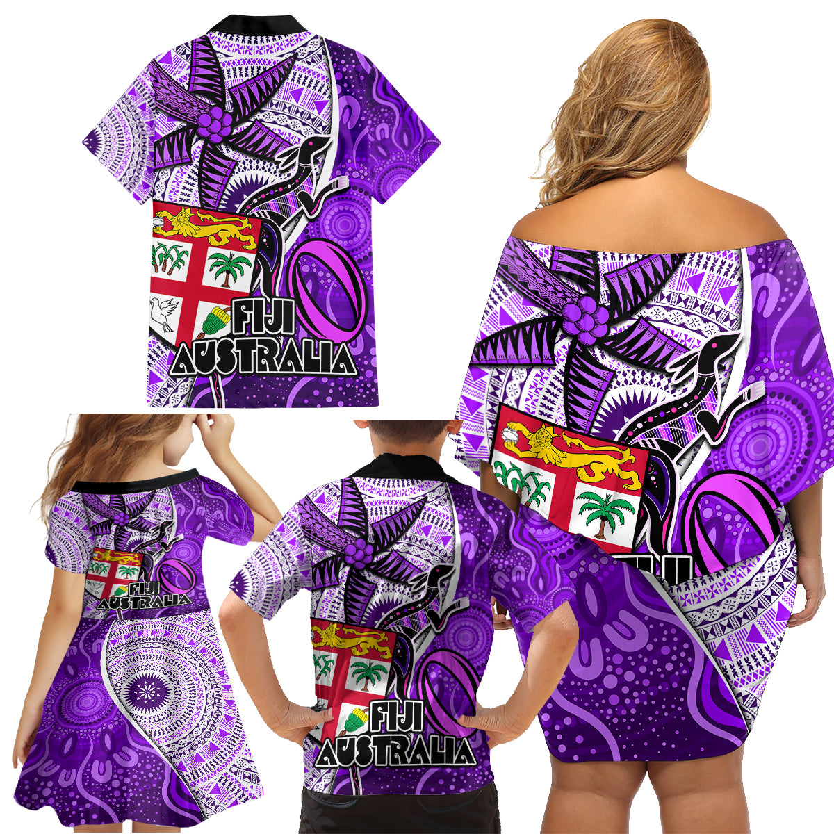 fiji-australia-rugby-family-matching-off-shoulder-short-dress-and-hawaiian-shirt-kangaroo-and-palm-tree-purple-tapa-pattern-mix-aboriginal