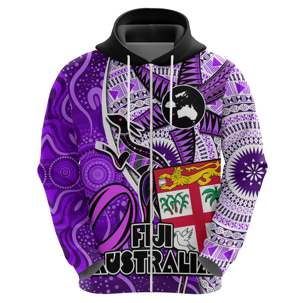 Fiji Australia Rugby Hoodie Kangaroo and Palm Tree Purple Tapa Pattern Mix Aboriginal LT03 - Polynesian Pride