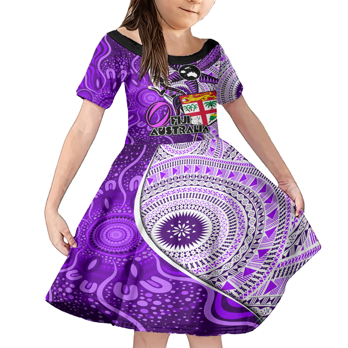 fiji-australia-rugby-kid-short-sleeve-dress-kangaroo-and-palm-tree-purple-tapa-pattern-mix-aboriginal