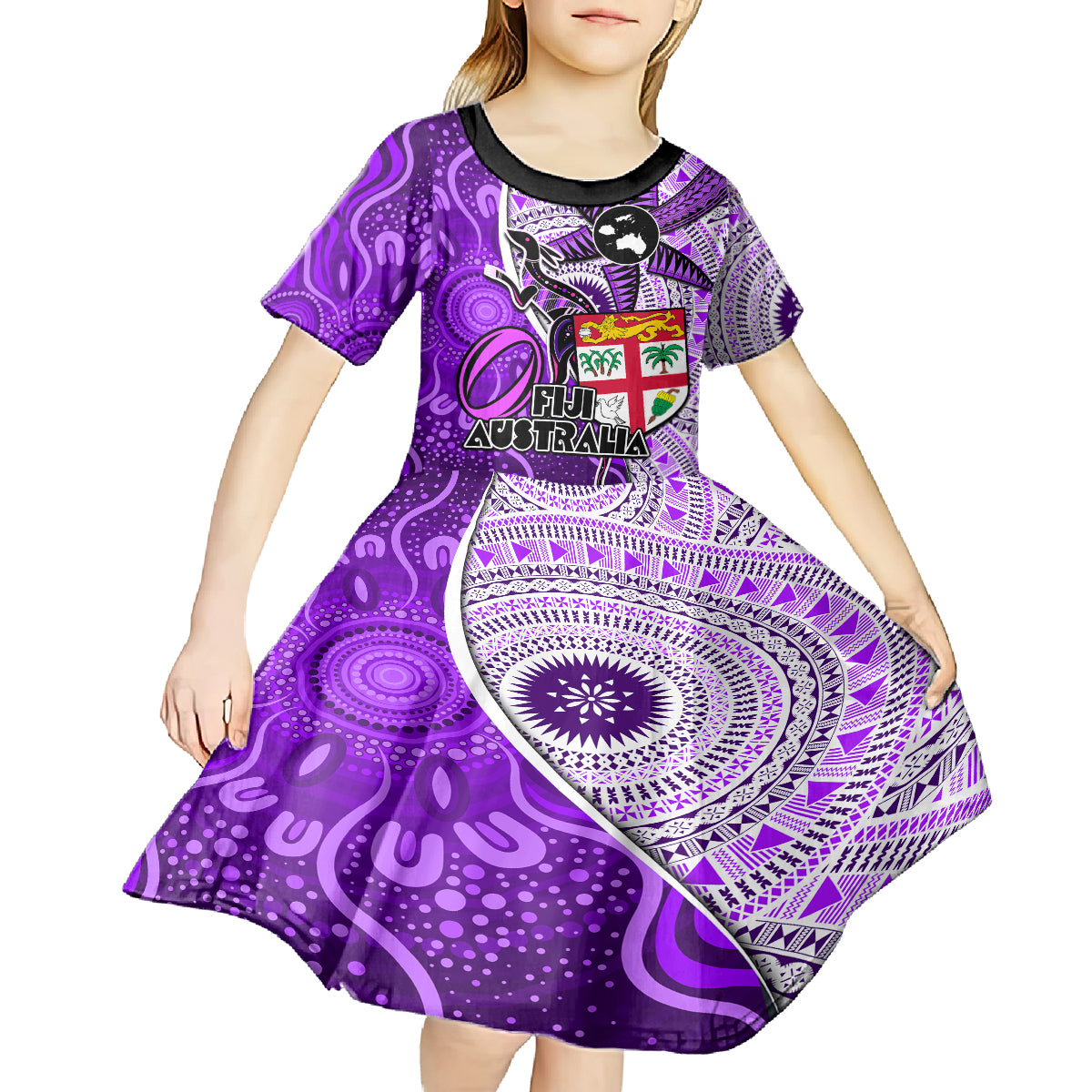fiji-australia-rugby-kid-short-sleeve-dress-kangaroo-and-palm-tree-purple-tapa-pattern-mix-aboriginal