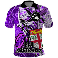 Fiji Australia Rugby Polo Shirt Kangaroo and Palm Tree Purple Tapa Pattern Mix Aboriginal LT03 Purple - Polynesian Pride