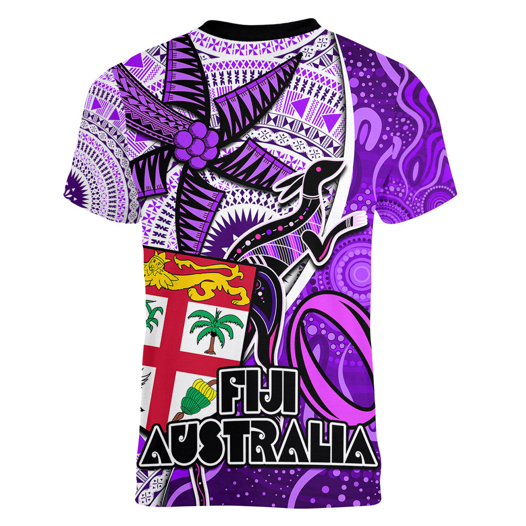 fiji-australia-rugby-women-v-neck-t-shirt-kangaroo-and-palm-tree-purple-tapa-pattern-mix-aboriginal