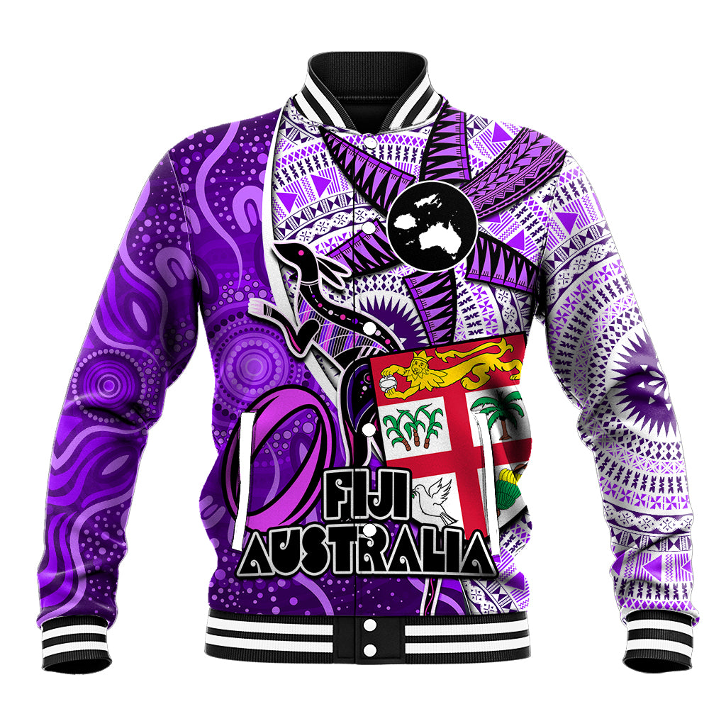 Personalised Fiji Australia Rugby Baseball Jacket Kangaroo and Palm Tree Purple Tapa Pattern Mix Aboriginal LT03 Unisex Purple - Polynesian Pride