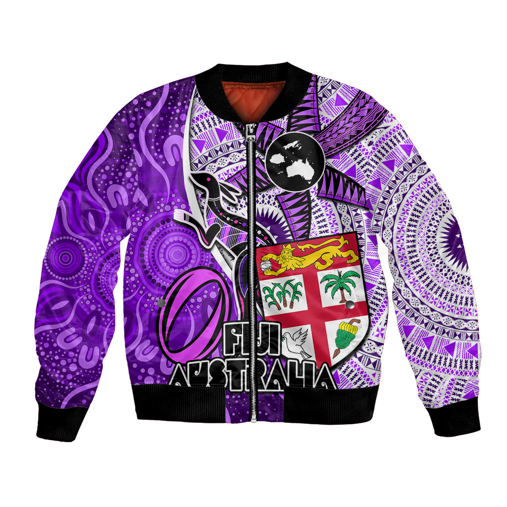 Personalised Fiji Australia Rugby Bomber Jacket Kangaroo and Palm Tree Purple Tapa Pattern Mix Aboriginal LT03 Unisex Purple - Polynesian Pride