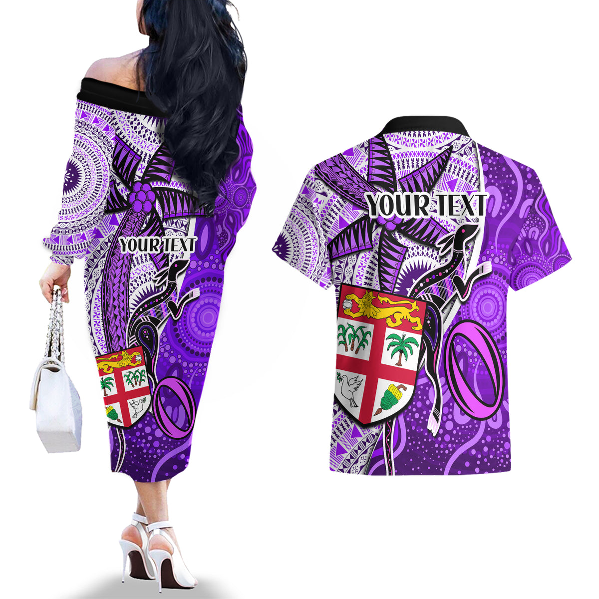 personalised-fiji-australia-rugby-couples-matching-off-the-shoulder-long-sleeve-dress-and-hawaiian-shirt-kangaroo-and-palm-tree-purple-tapa-pattern-mix-aboriginal