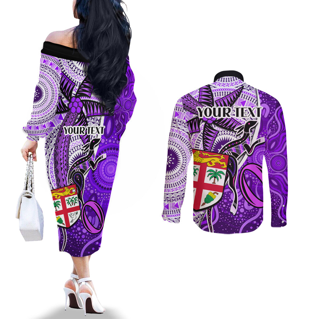 personalised-fiji-australia-rugby-couples-matching-off-the-shoulder-long-sleeve-dress-and-long-sleeve-button-shirts-kangaroo-and-palm-tree-purple-tapa-pattern-mix-aboriginal