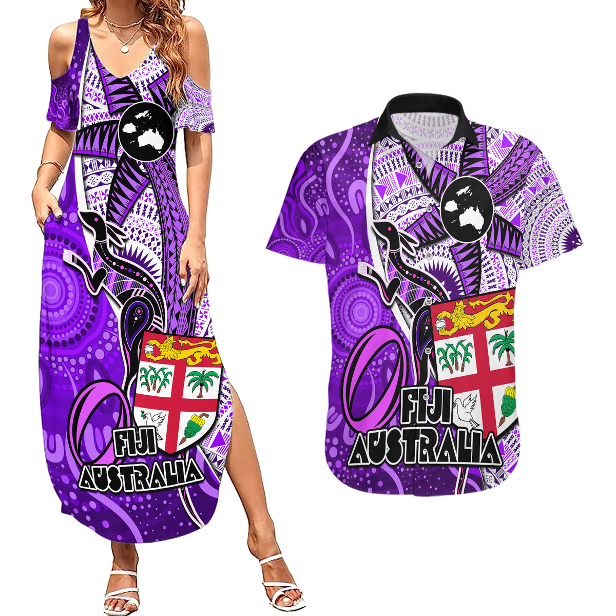 personalised-fiji-australia-rugby-couples-matching-summer-maxi-dress-and-hawaiian-shirt-kangaroo-and-palm-tree-purple-tapa-pattern-mix-aboriginal