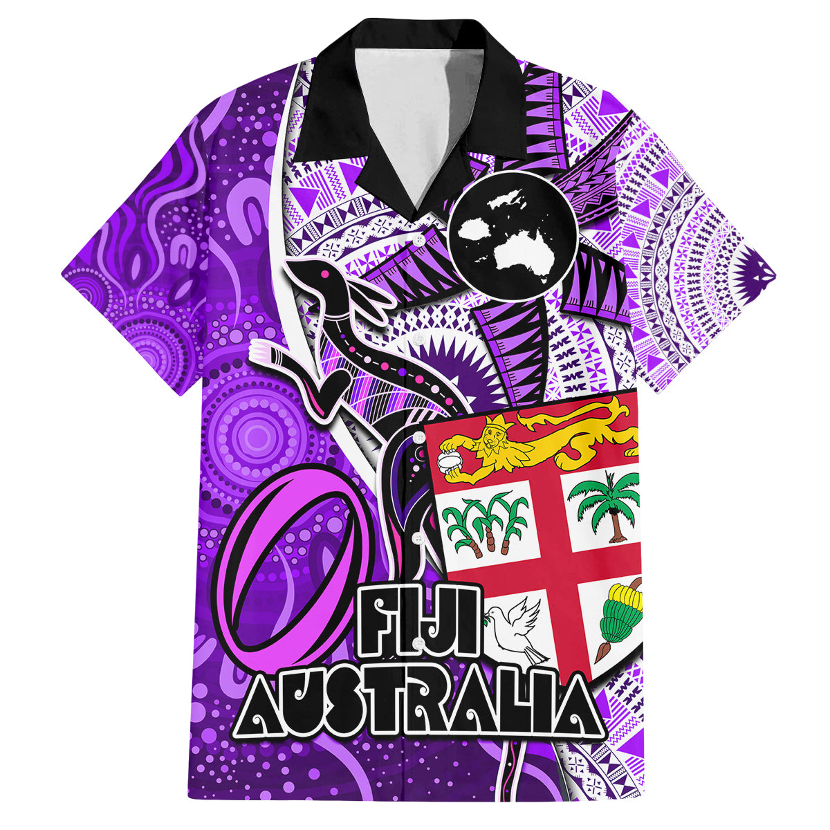 personalised-fiji-australia-rugby-family-matching-long-sleeve-bodycon-dress-and-hawaiian-shirt-kangaroo-and-palm-tree-purple-tapa-pattern-mix-aboriginal