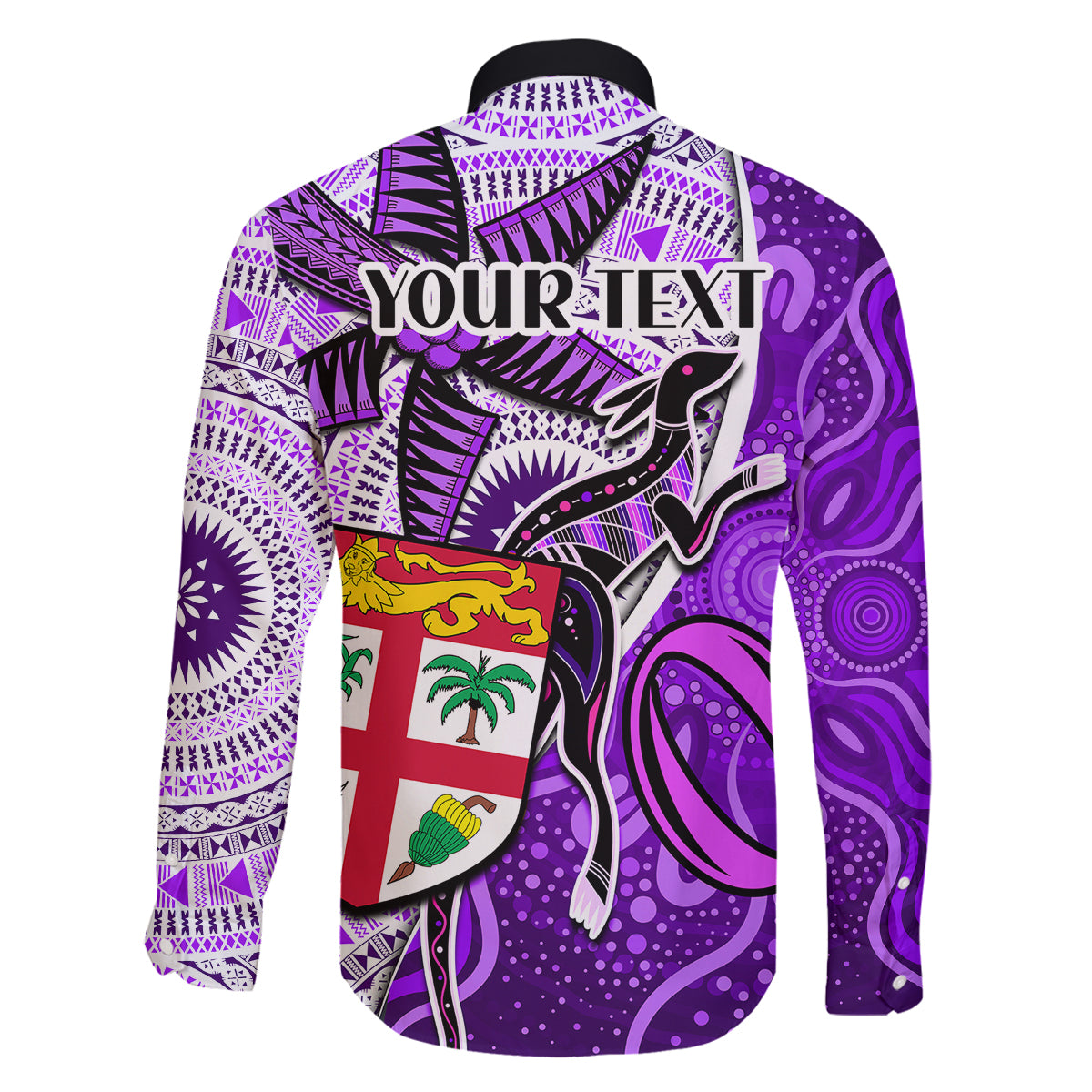 personalised-fiji-australia-rugby-family-matching-long-sleeve-bodycon-dress-and-hawaiian-shirt-kangaroo-and-palm-tree-purple-tapa-pattern-mix-aboriginal