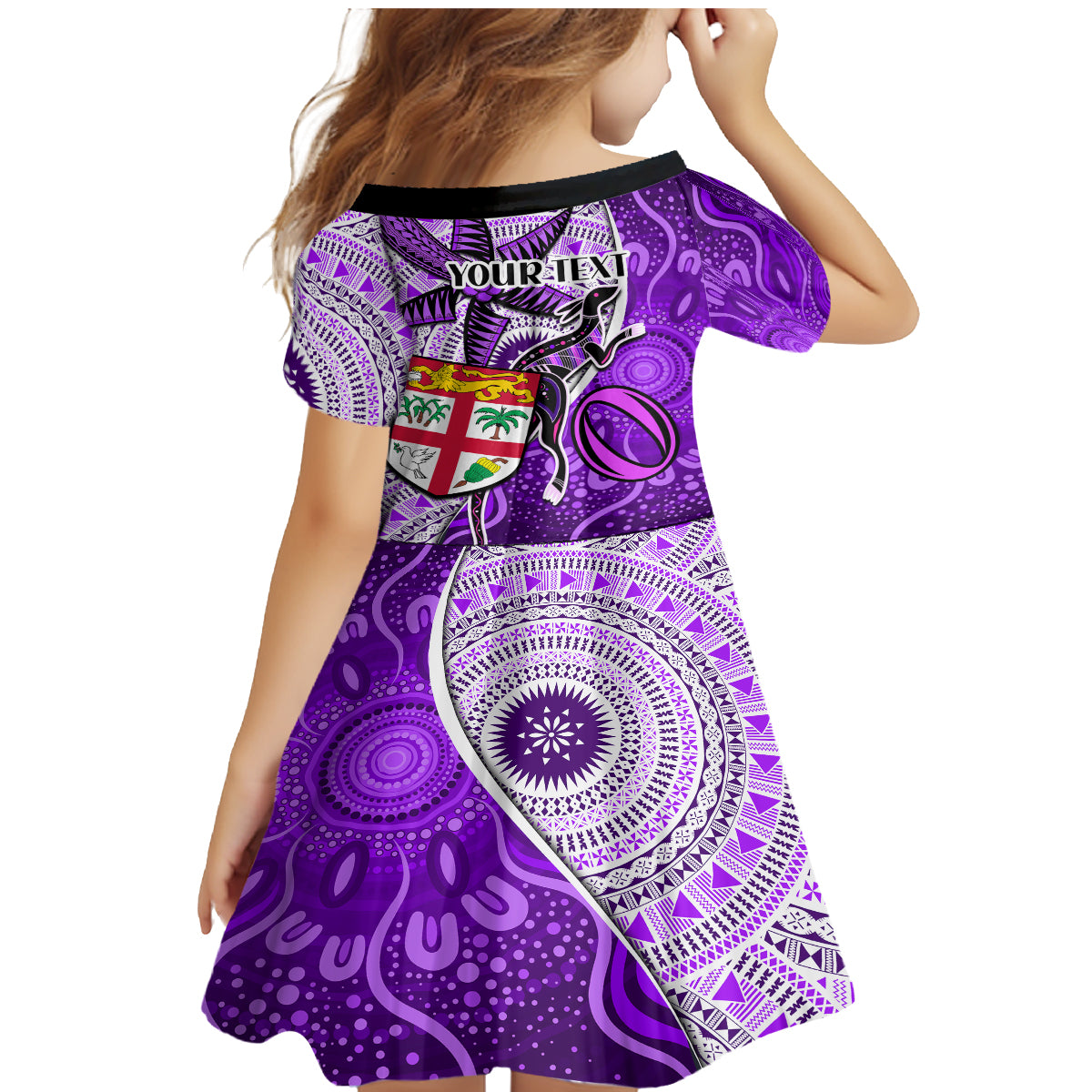 personalised-fiji-australia-rugby-family-matching-mermaid-dress-and-hawaiian-shirt-kangaroo-and-palm-tree-purple-tapa-pattern-mix-aboriginal