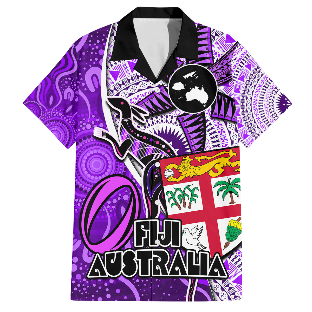 personalised-fiji-australia-rugby-family-matching-short-sleeve-bodycon-dress-and-hawaiian-shirt-kangaroo-and-palm-tree-purple-tapa-pattern-mix-aboriginal