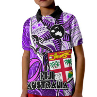Personalised Fiji Australia Rugby Kid Polo Shirt Kangaroo and Palm Tree Purple Tapa Pattern Mix Aboriginal LT03 Kid Purple - Polynesian Pride