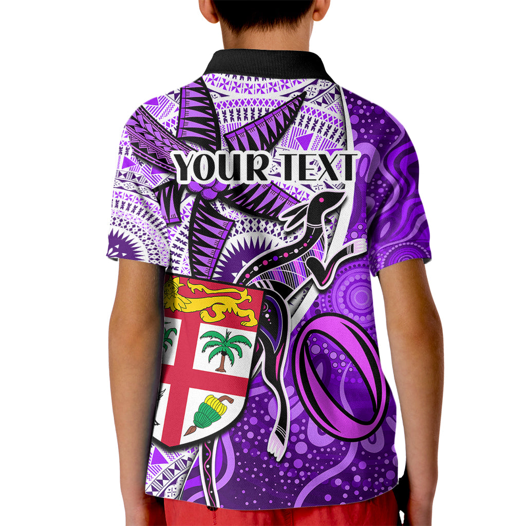 Personalised Fiji Australia Rugby Kid Polo Shirt Kangaroo and Palm Tree Purple Tapa Pattern Mix Aboriginal LT03 - Polynesian Pride
