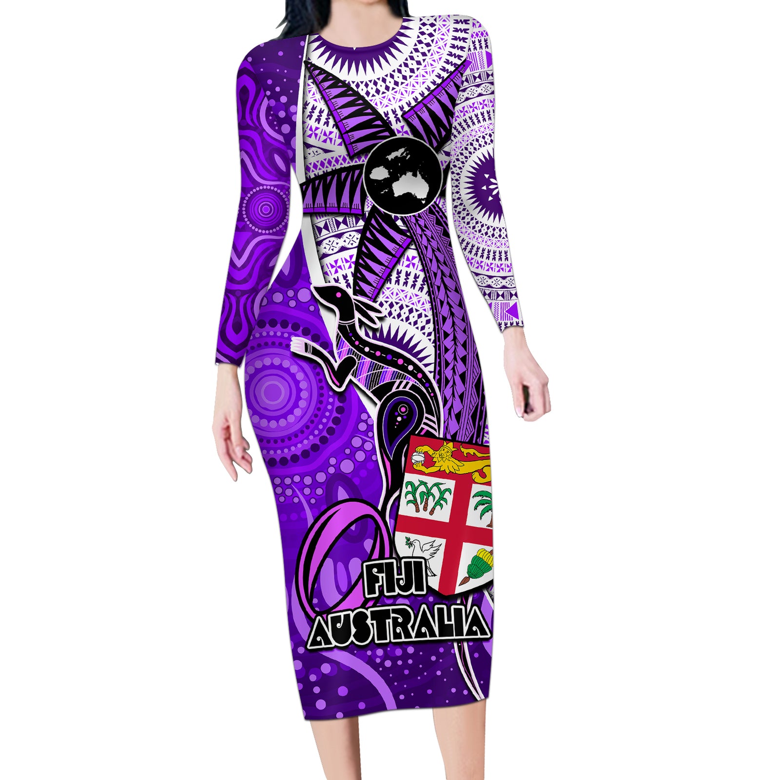 Personalised Fiji Australia Rugby Long Sleeve Bodycon Dress Kangaroo and Palm Tree Purple Tapa Pattern Mix Aboriginal LT03 Long Dress Purple - Polynesian Pride