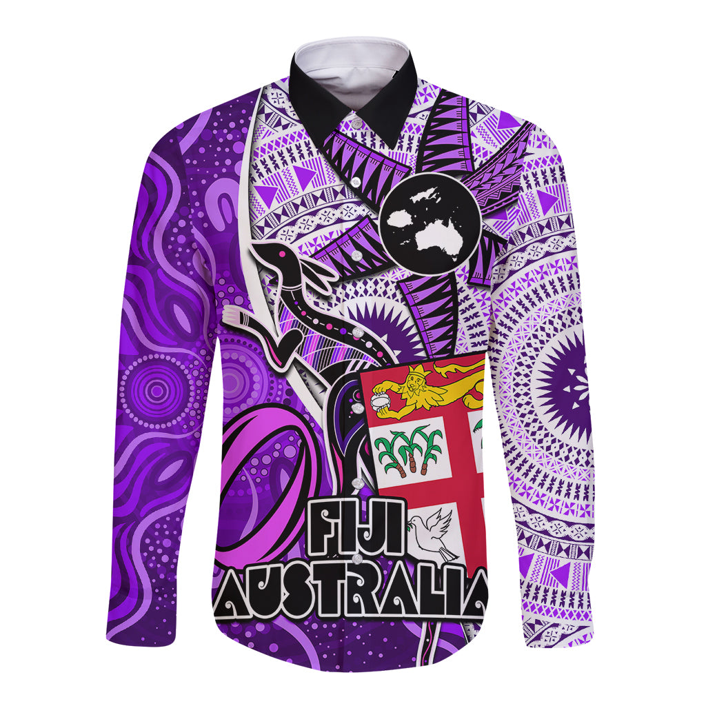 Personalised Fiji Australia Rugby Long Sleeve Button Shirt Kangaroo and Palm Tree Purple Tapa Pattern Mix Aboriginal LT03 Unisex Purple - Polynesian Pride
