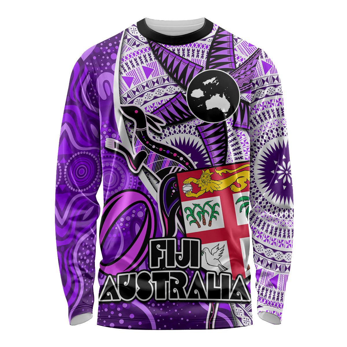 Personalised Fiji Australia Rugby Long Sleeve Shirt Kangaroo and Palm Tree Purple Tapa Pattern Mix Aboriginal LT03 Unisex Purple - Polynesian Pride