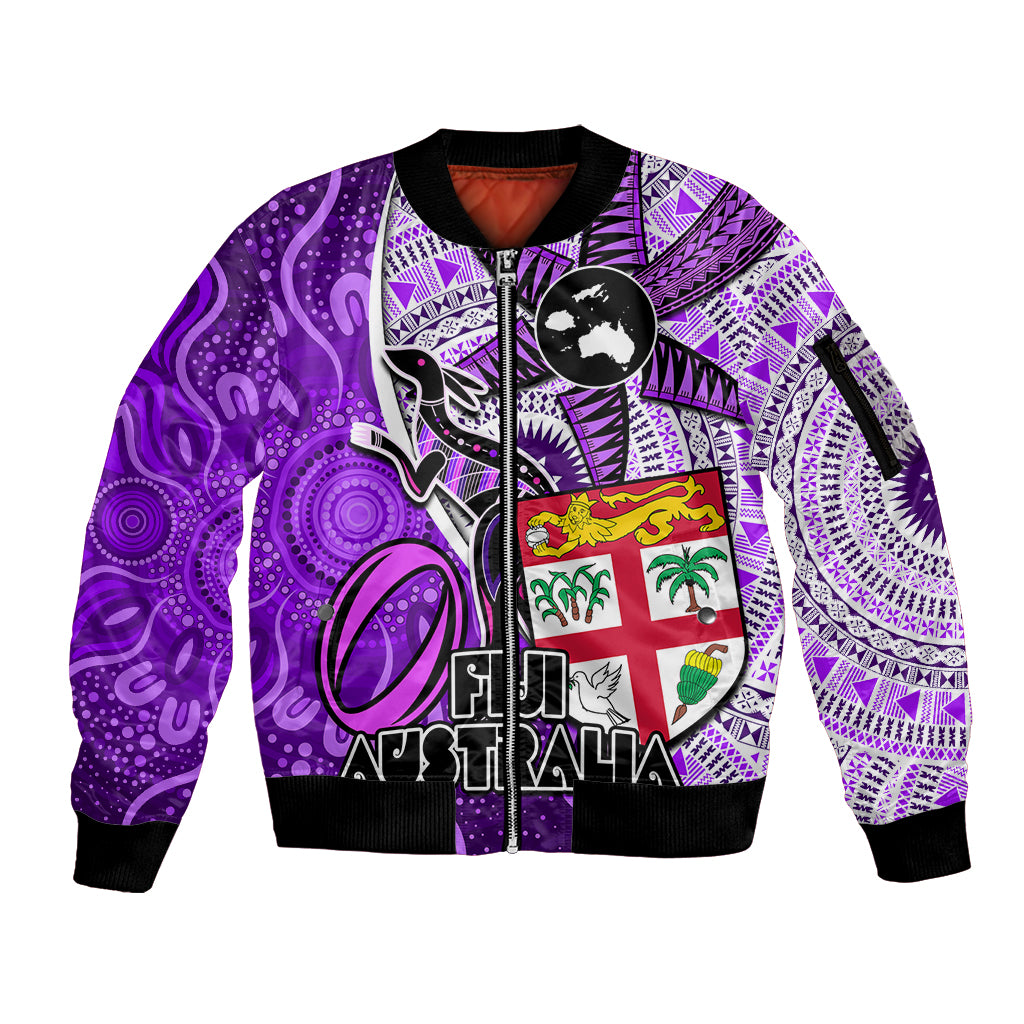 Personalised Fiji Australia Rugby Sleeve Zip Bomber Jacket Kangaroo and Palm Tree Purple Tapa Pattern Mix Aboriginal LT03 Unisex Purple - Polynesian Pride