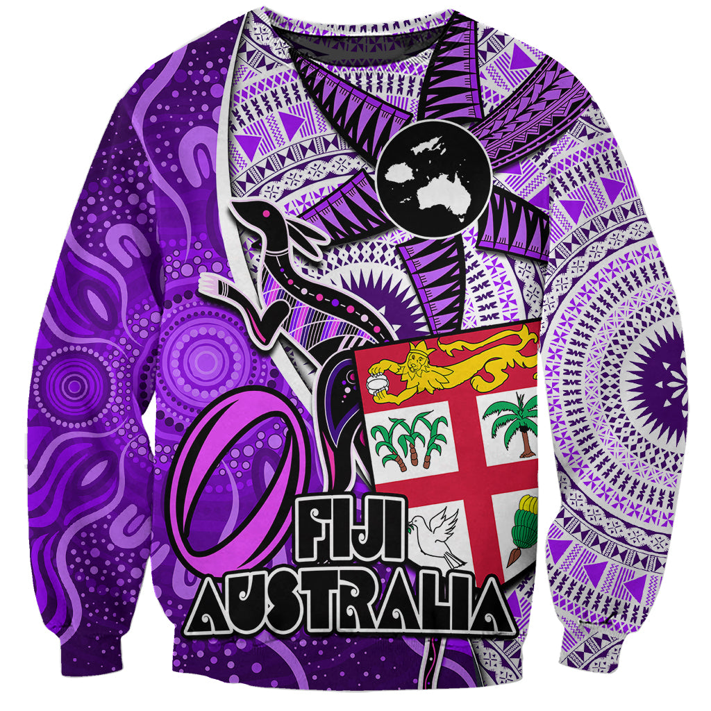 Personalised Fiji Australia Rugby Sweatshirt Kangaroo and Palm Tree Purple Tapa Pattern Mix Aboriginal LT03 Unisex Purple - Polynesian Pride
