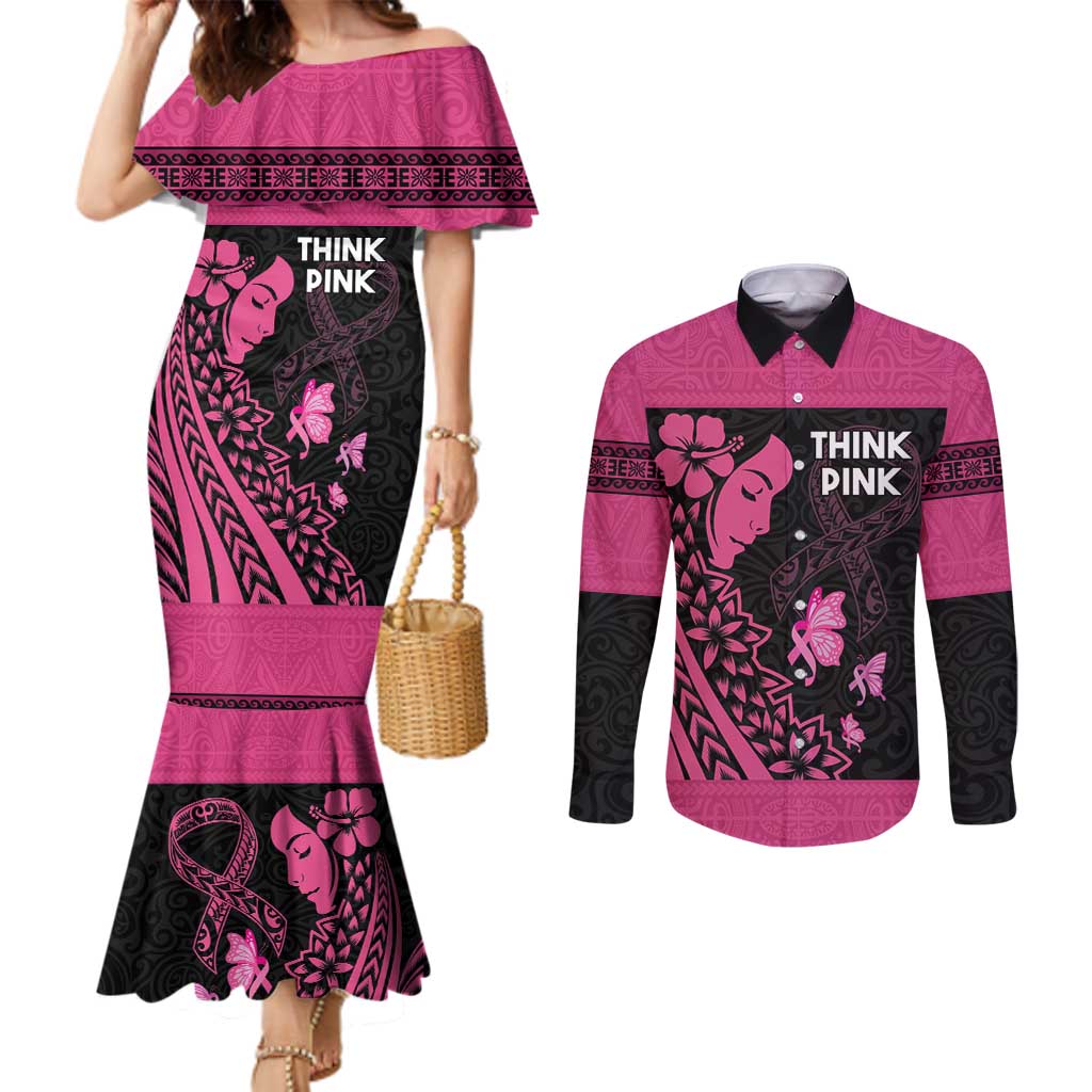 Breast Cancer Awareness Couples Matching Mermaid Dress and Long Sleeve Button Shirt Think Pink Polynesian Ribbon and Butterfly LT03 Pink - Polynesian Pride