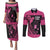 Breast Cancer Awareness Couples Matching Puletasi and Long Sleeve Button Shirt Think Pink Polynesian Ribbon and Butterfly