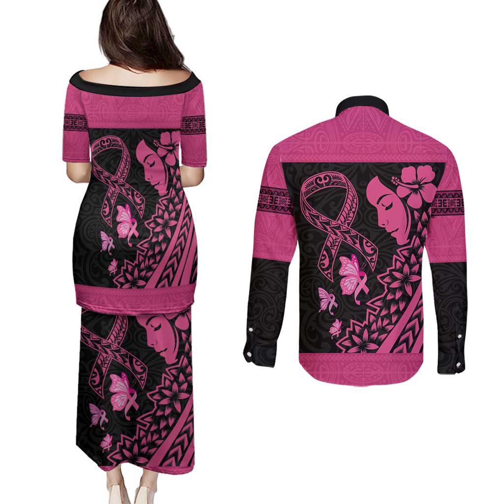 Breast Cancer Awareness Couples Matching Puletasi and Long Sleeve Button Shirt Think Pink Polynesian Ribbon and Butterfly