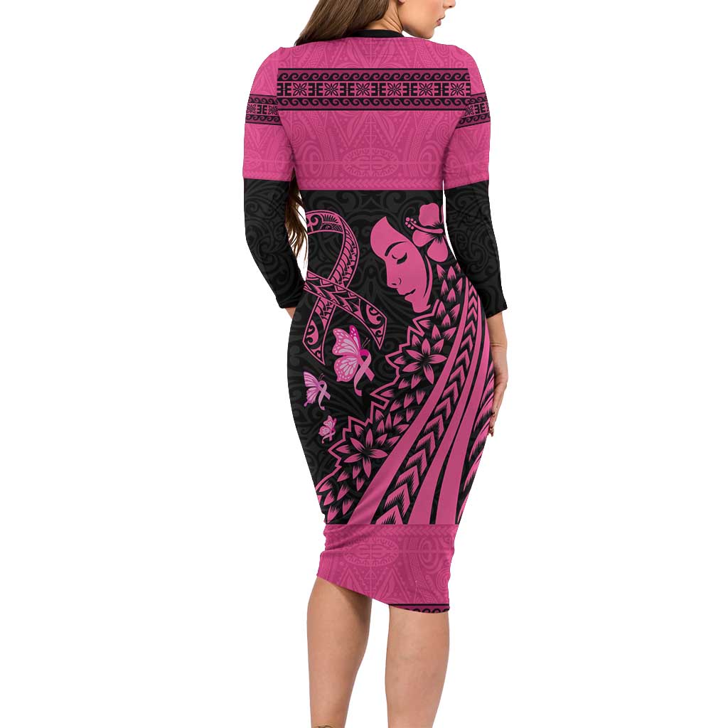Breast Cancer Awareness Family Matching Long Sleeve Bodycon Dress and Hawaiian Shirt Think Pink Polynesian Ribbon and Butterfly