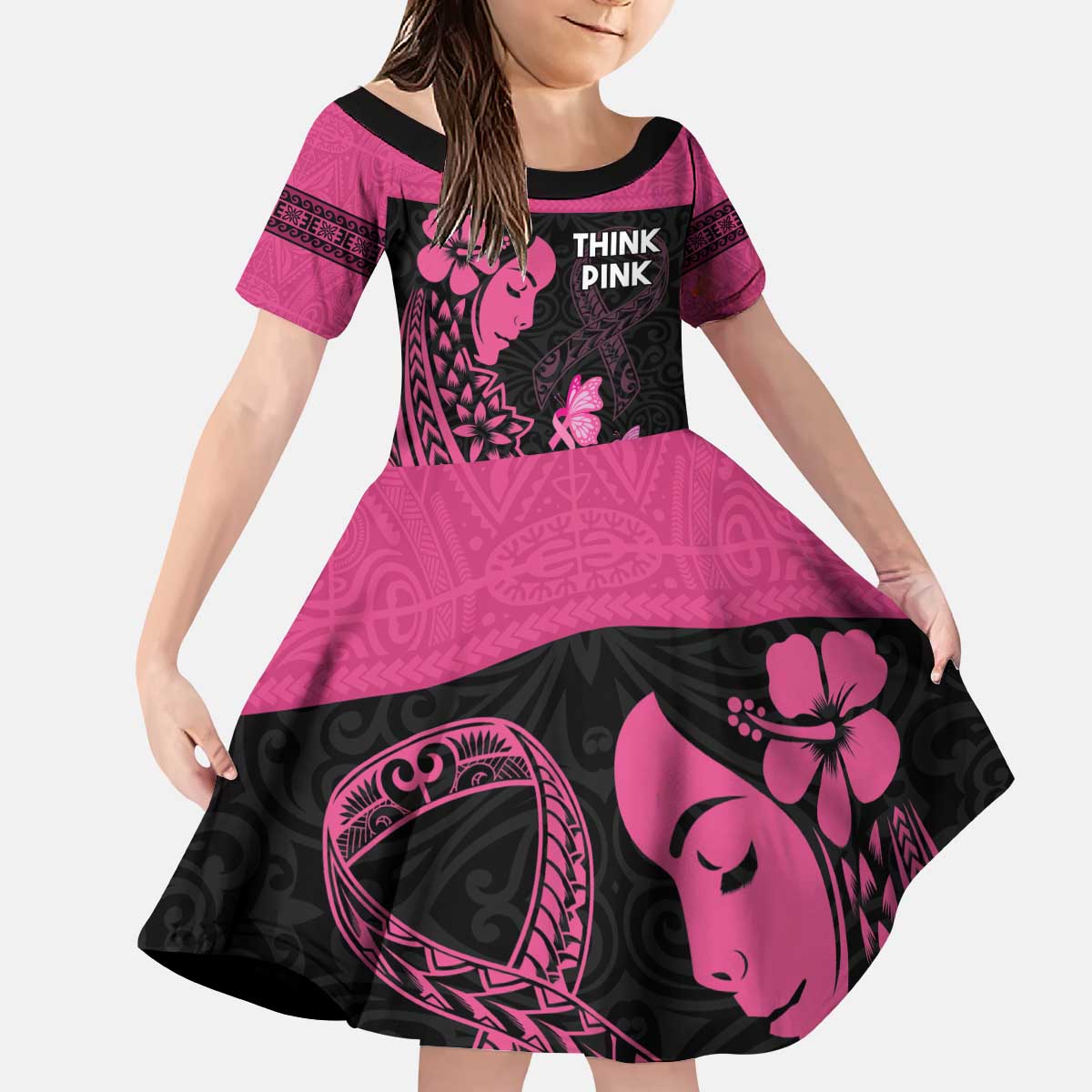 Breast Cancer Awareness Kid Short Sleeve Dress Think Pink Polynesian Ribbon and Butterfly LT03 KID Pink - Polynesian Pride