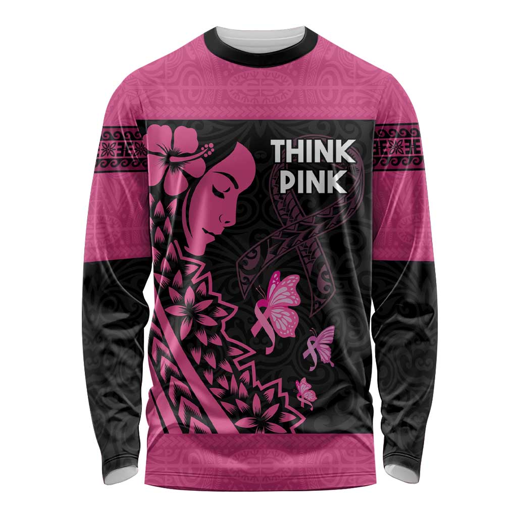 Breast Cancer Awareness Long Sleeve Shirt Think Pink Polynesian Ribbon and Butterfly LT03 Unisex Pink - Polynesian Pride