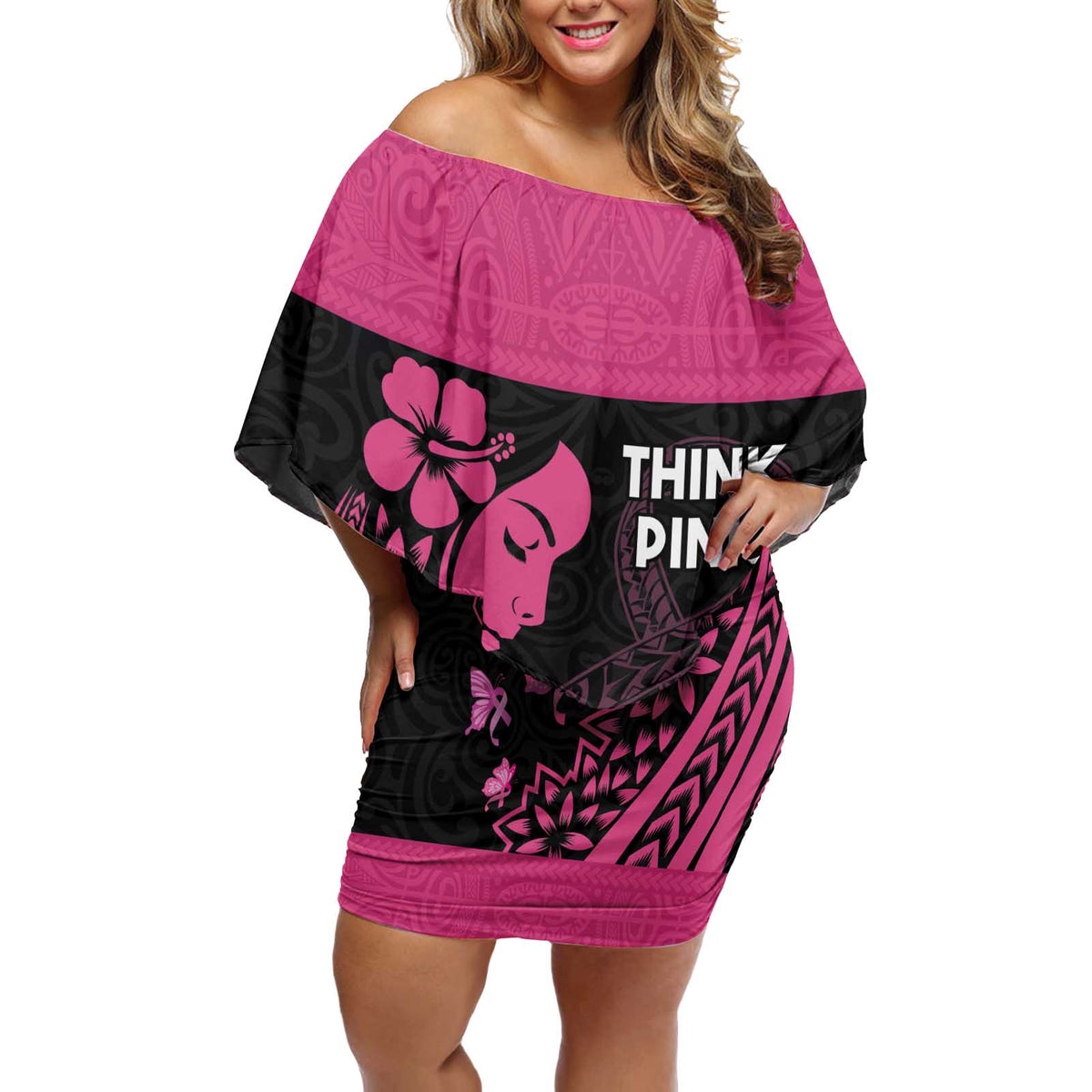 breast cancer pink dresses Breast Cancer Awareness Off Shoulder Short Dress Think Pink Polynesian