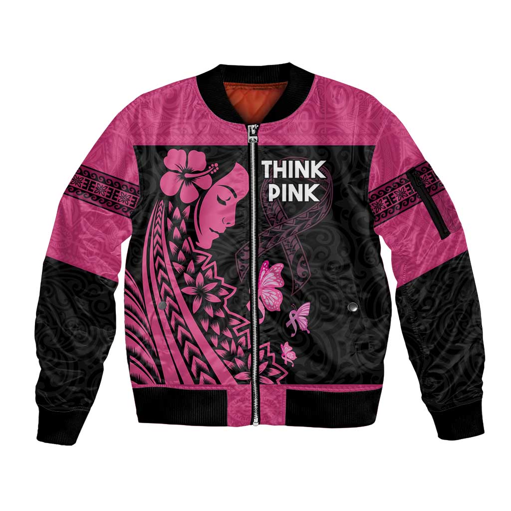 Breast Cancer Awareness Sleeve Zip Bomber Jacket Think Pink Polynesian Ribbon and Butterfly LT03 Unisex Pink - Polynesian Pride