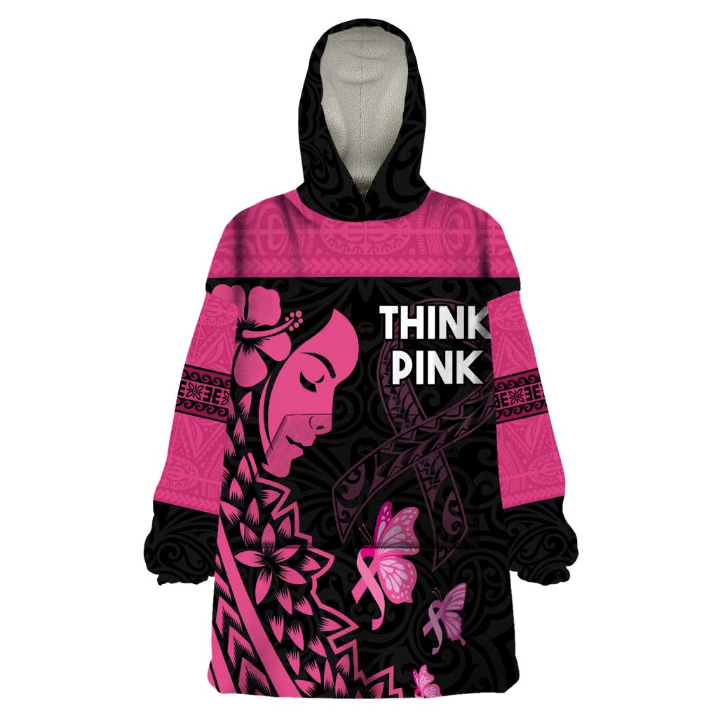 Breast Cancer Awareness Wearable Blanket Hoodie Think Pink Polynesian Ribbon and Butterfly LT03 One Size Pink - Polynesian Pride