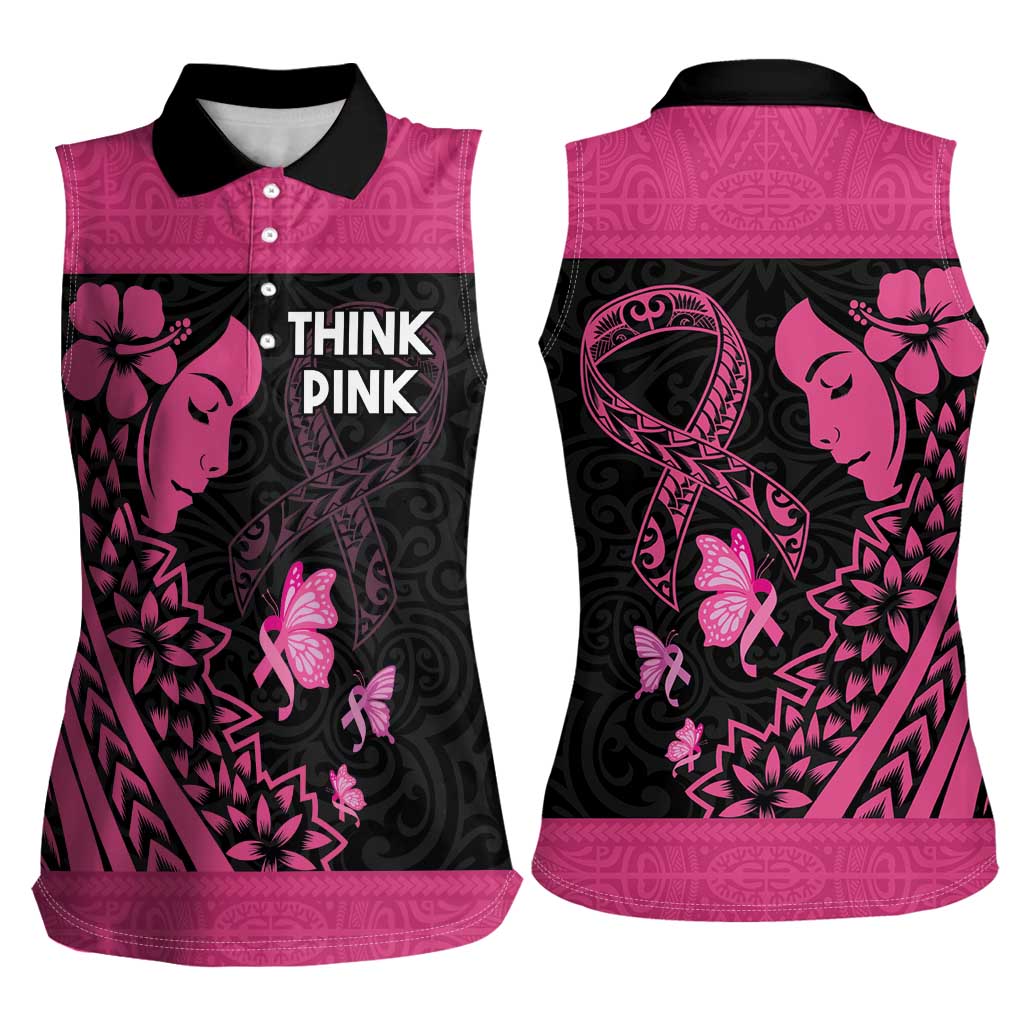 Breast Cancer Awareness Women Sleeveless Polo Shirt Think Pink Polynesian Ribbon and Butterfly
