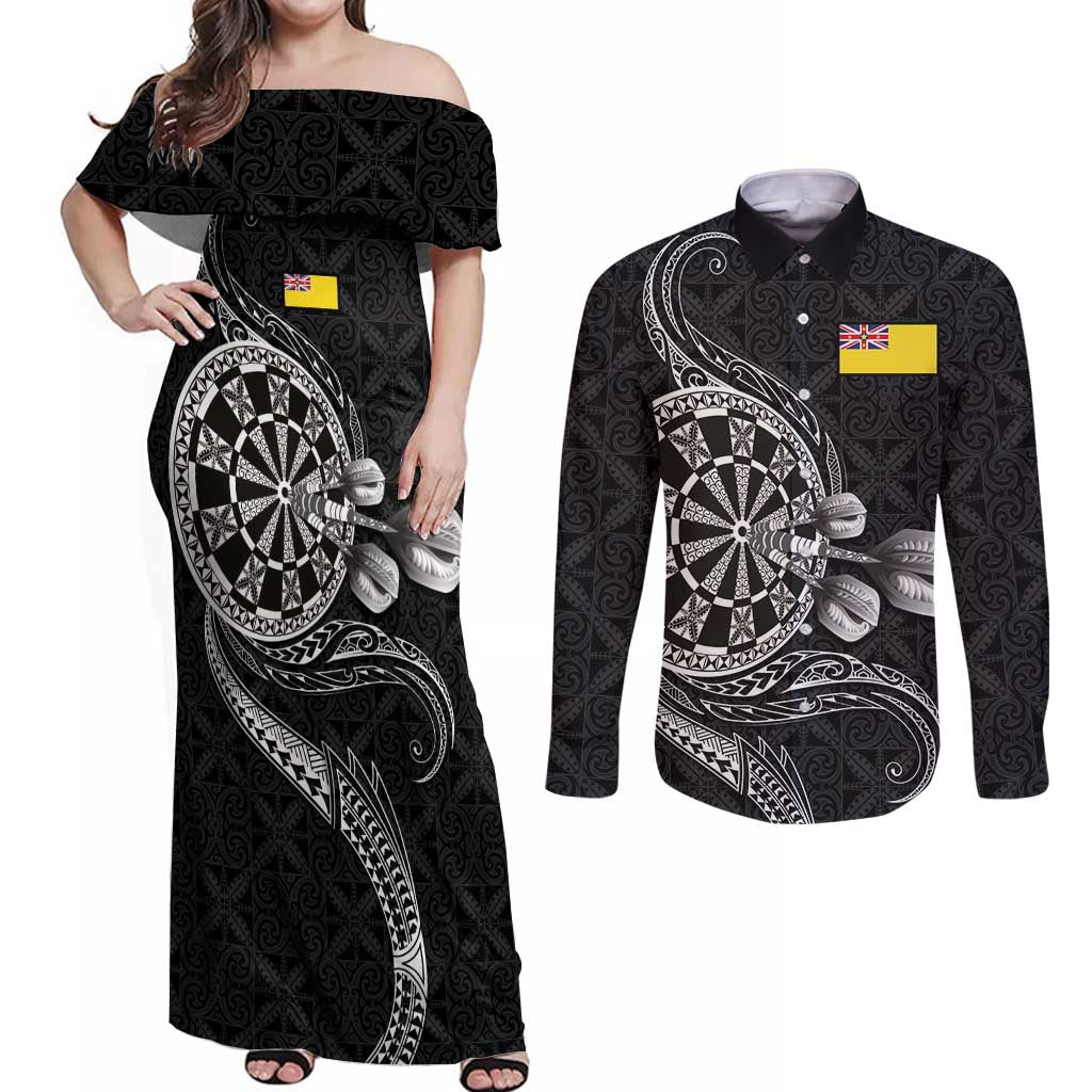 Personalised Niue Darts Masters Couples Matching Off Shoulder Maxi Dress and Long Sleeve Button Shirt Tribal Hiapo Dartboard - Polynesian Pride