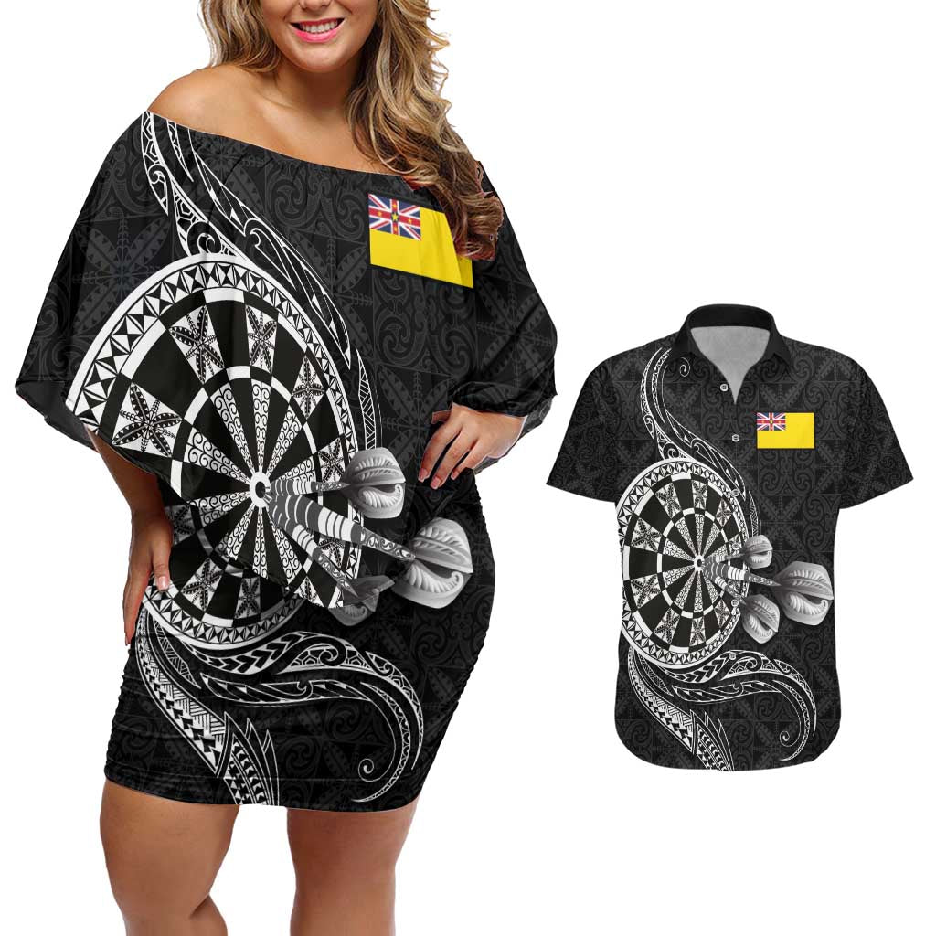Personalised Niue Darts Masters Couples Matching Off Shoulder Short Dress and Hawaiian Shirt Tribal Hiapo Dartboard - Polynesian Pride