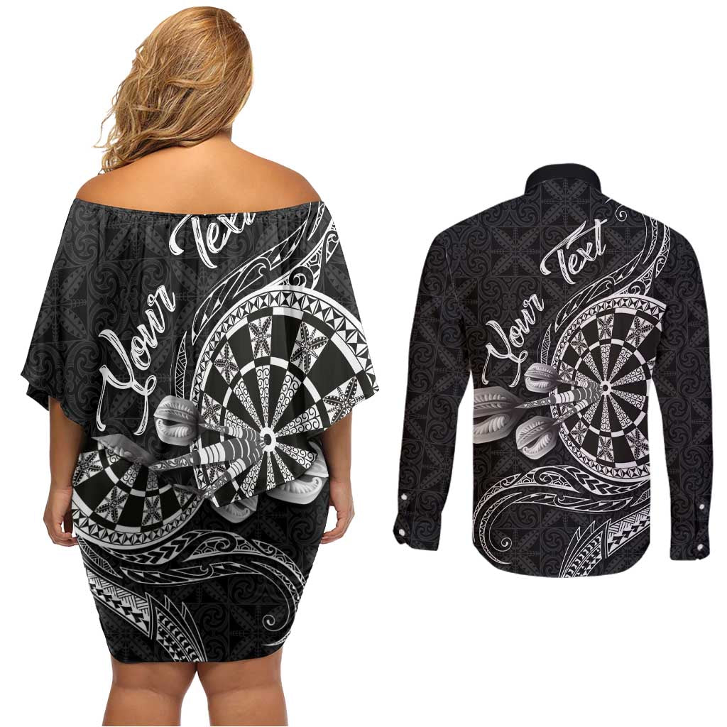 Personalised Niue Darts Masters Couples Matching Off Shoulder Short Dress and Long Sleeve Button Shirt Tribal Hiapo Dartboard - Polynesian Pride