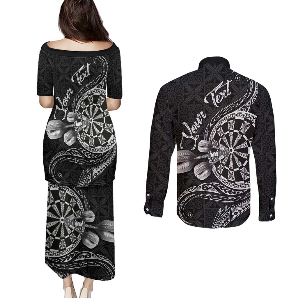 Personalised Niue Darts Masters Couples Matching Puletasi and Long Sleeve Button Shirt Tribal Hiapo Dartboard - Polynesian Pride