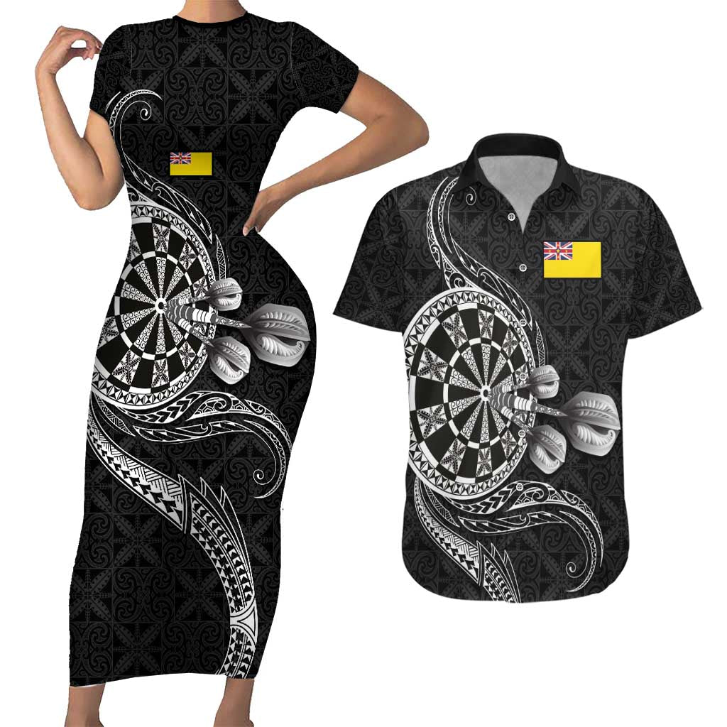 Personalised Niue Darts Masters Couples Matching Short Sleeve Bodycon Dress and Hawaiian Shirt Tribal Hiapo Dartboard - Polynesian Pride