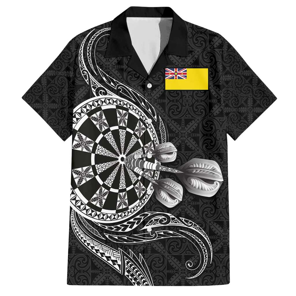 Personalised Niue Darts Masters Family Matching Short Sleeve Bodycon Dress and Hawaiian Shirt Tribal Hiapo Dartboard - Polynesian Pride