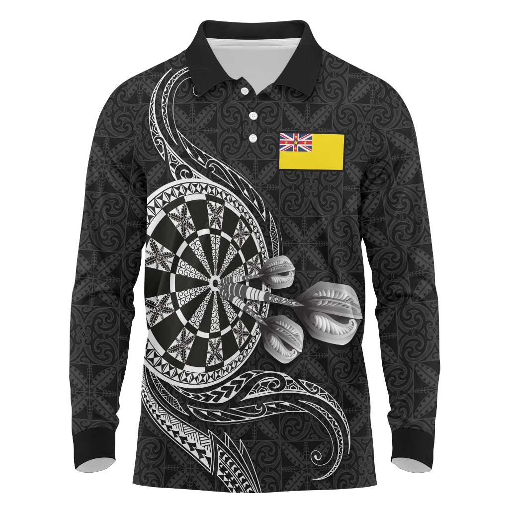 Personalised Niue Darts Masters Long Sleeve Polo Shirt Tribal Hiapo Dartboard - Polynesian Pride