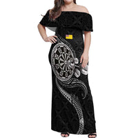 Personalised Niue Darts Masters Off Shoulder Maxi Dress Tribal Hiapo Dartboard - Polynesian Pride
