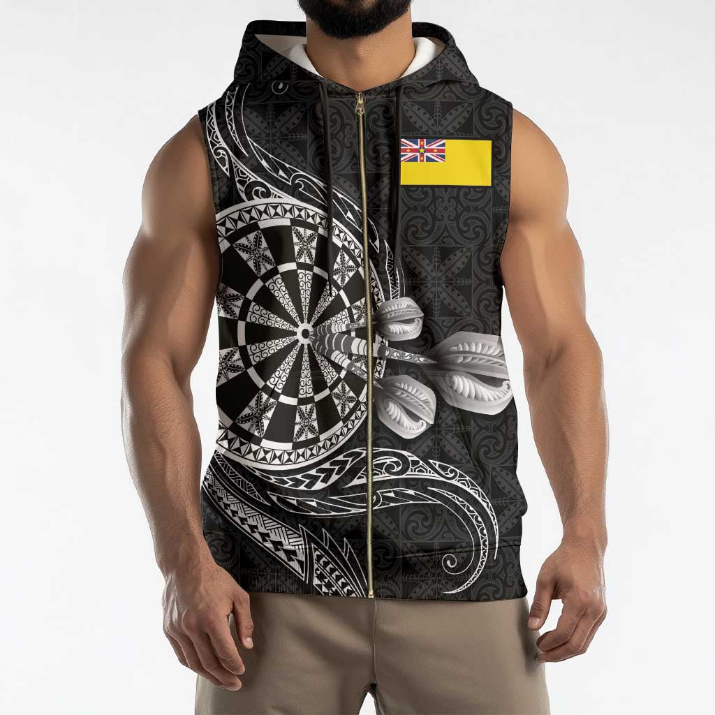 Personalised Niue Darts Masters Sleeveless Zip Hoodie Tribal Hiapo Dartboard - Polynesian Pride