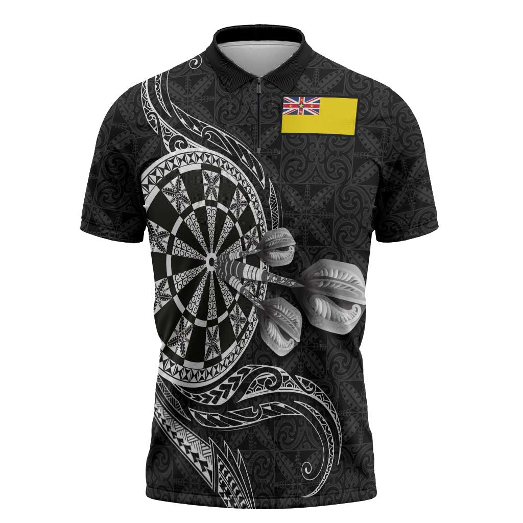 Personalised Niue Darts Masters Zipper Polo Shirt Tribal Hiapo Dartboard - Polynesian Pride