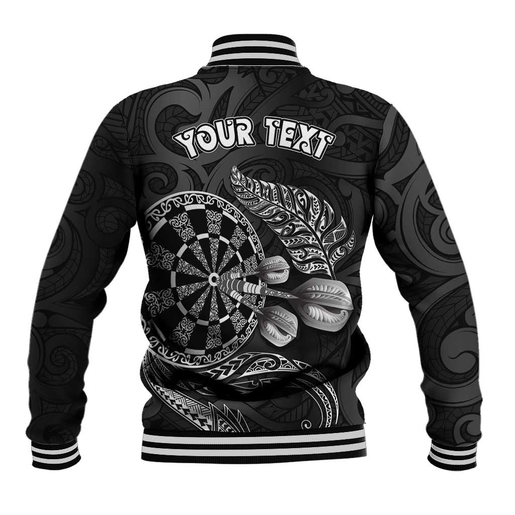 Personalised New Zealand Aotearoa Darts Masters Baseball Jacket Tribal Silver Fern and Ta Moko Dartboard - Polynesian Pride