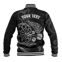 Personalised New Zealand Aotearoa Darts Masters Baseball Jacket Tribal Silver Fern and Ta Moko Dartboard - Polynesian Pride