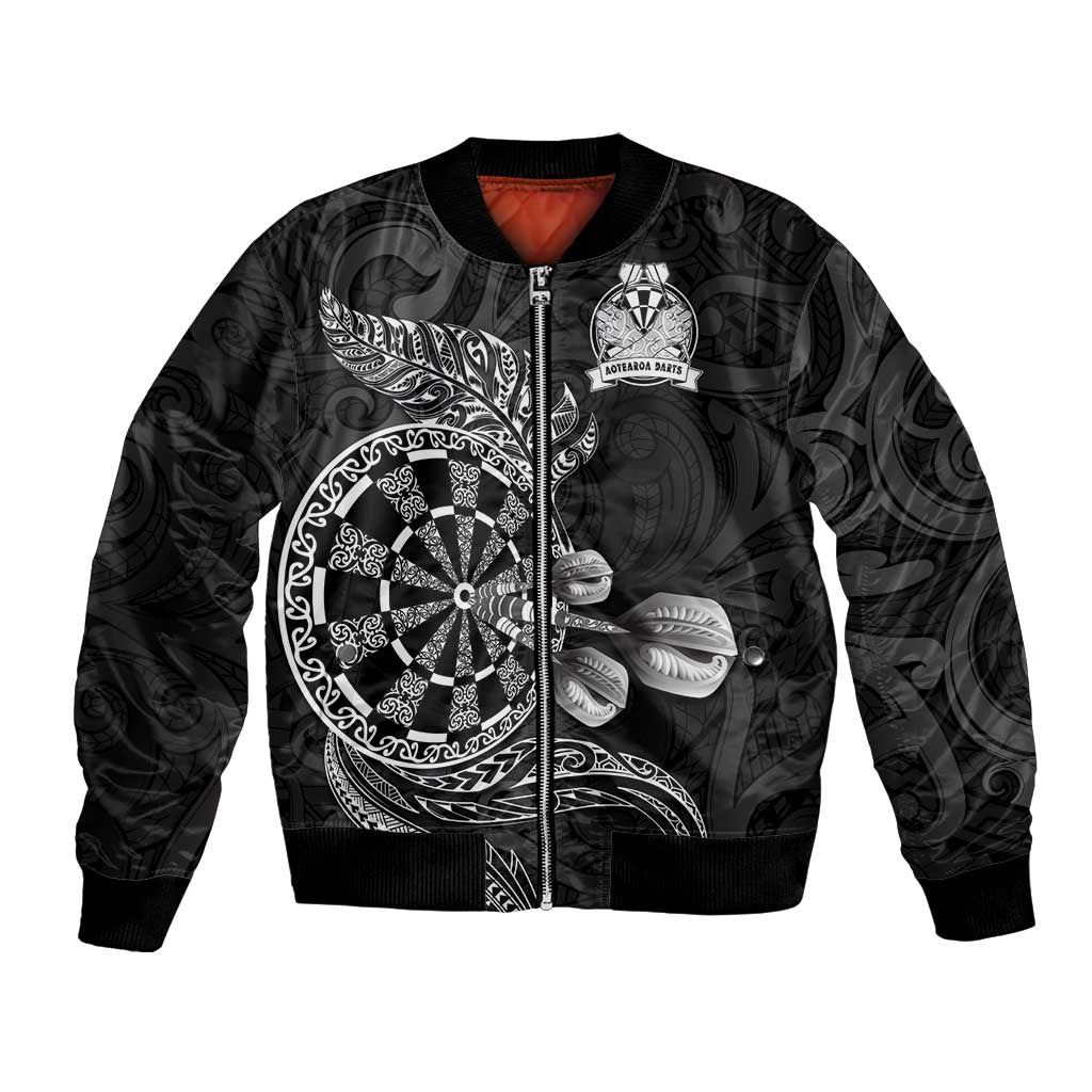 Personalised New Zealand Aotearoa Darts Masters Bomber Jacket Tribal Silver Fern and Ta Moko Dartboard - Polynesian Pride