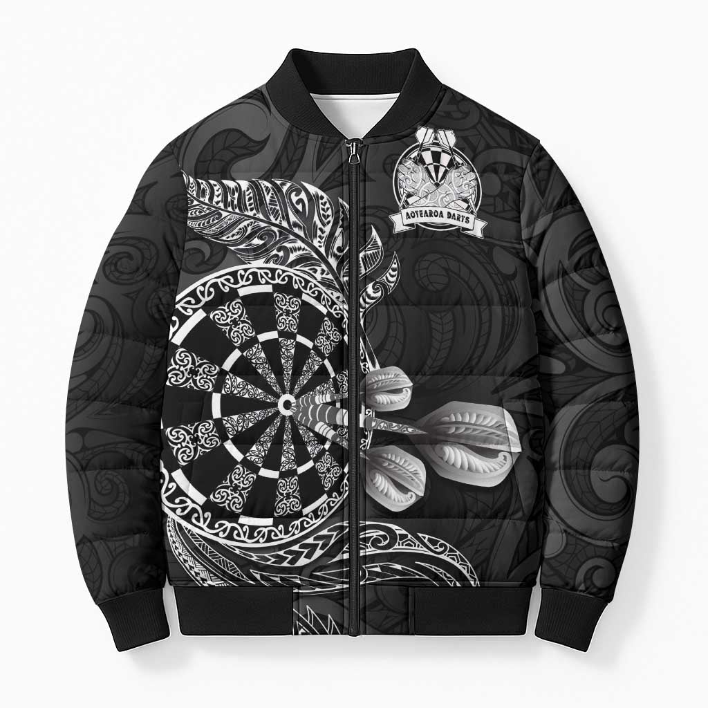 Personalised New Zealand Aotearoa Darts Masters Bomber Puffer Jacket Tribal Silver Fern and Ta Moko Dartboard - Polynesian Pride